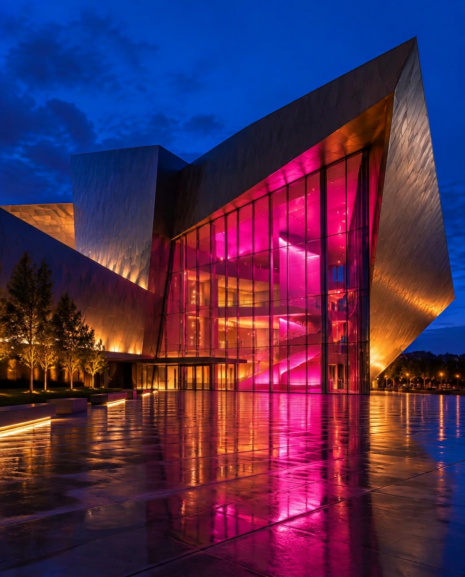 A lit venue facade reflected on wet paving